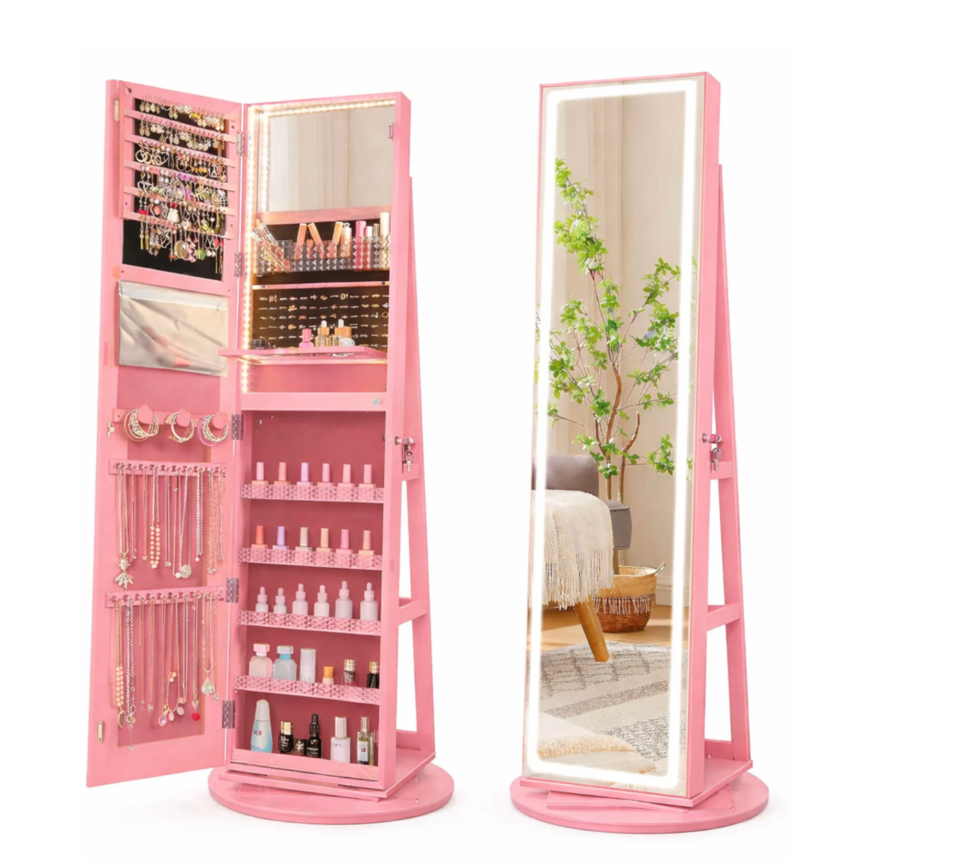 Mobil smykkeskrin med LED-spejl, 360° drejelig organizer😍