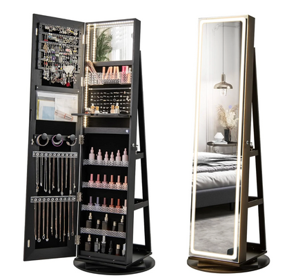 Mobil smykkeskrin med LED-spejl, 360° drejelig organizer😍