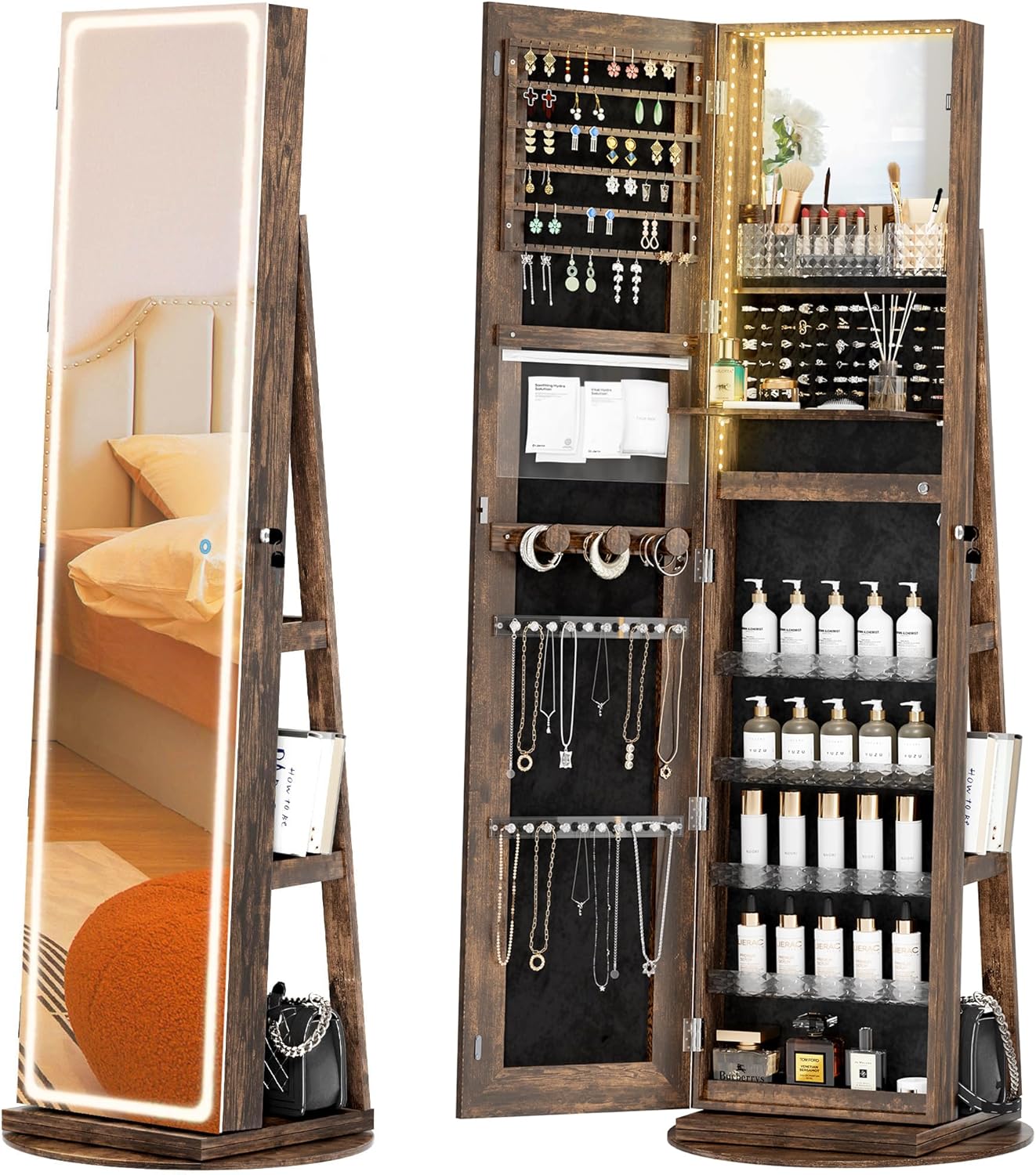 Mobil smykkeskrin med LED-spejl, 360° drejelig organizer😍