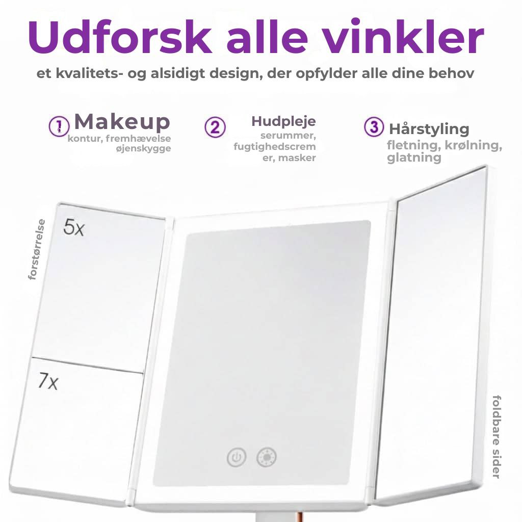 Trefoldet LED-makeupspejl