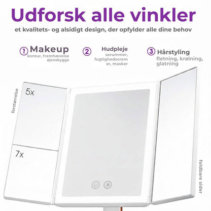 Trefoldet LED-makeupspejl