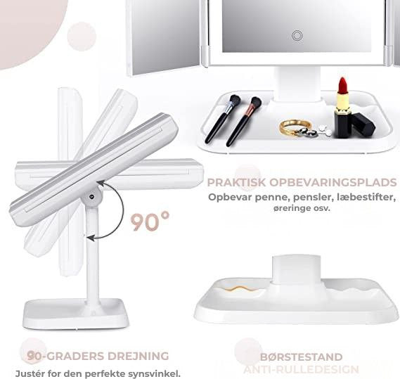 Trefoldet LED-makeupspejl