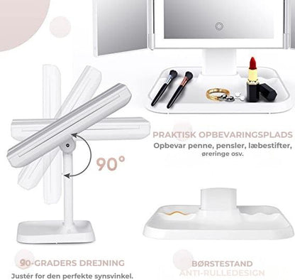 Trefoldet LED-makeupspejl