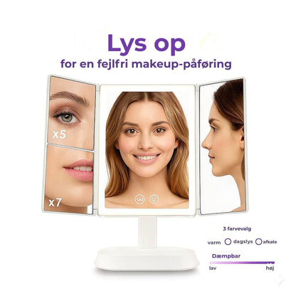 Trefoldet LED-makeupspejl
