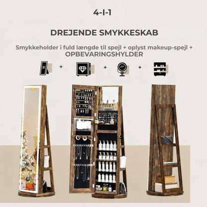 Mobil smykkeskrin med LED-spejl, 360° drejelig organizer😍