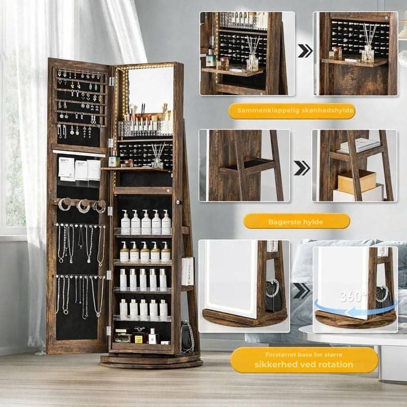 Mobil smykkeskrin med LED-spejl, 360° drejelig organizer😍