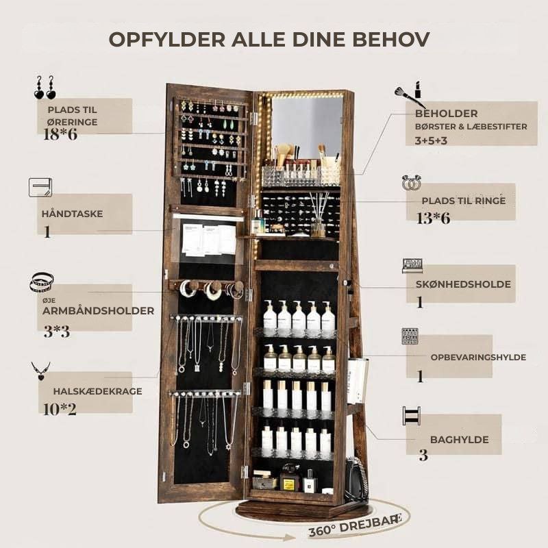 Mobil smykkeskrin med LED-spejl, 360° drejelig organizer😍