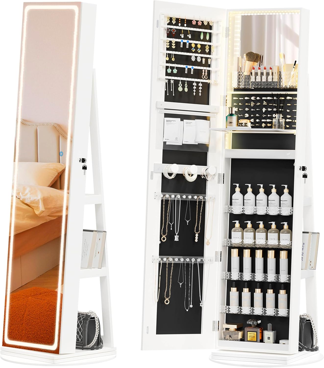 Mobil smykkeskrin med LED-spejl, 360° drejelig organizer😍