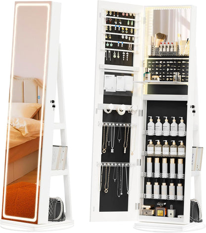 Mobil smykkeskrin med LED-spejl, 360° drejelig organizer😍