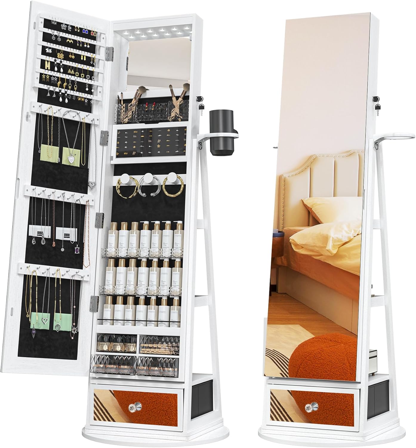 Mobil smykkeskrin med LED-spejl, 360° drejelig organizer😍
